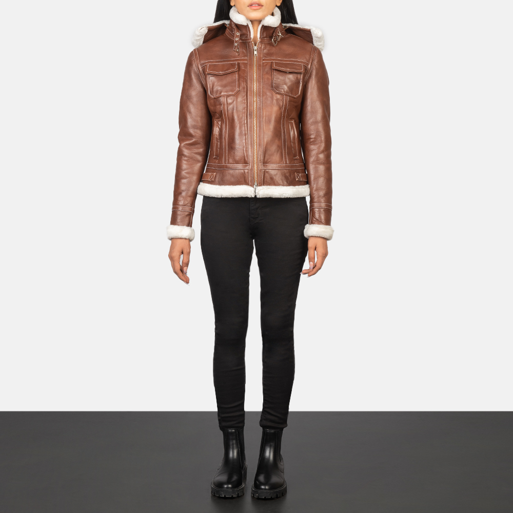 Fiona Brown Hooded Shearling Leather Jacket – Luxury and Warmth Combined