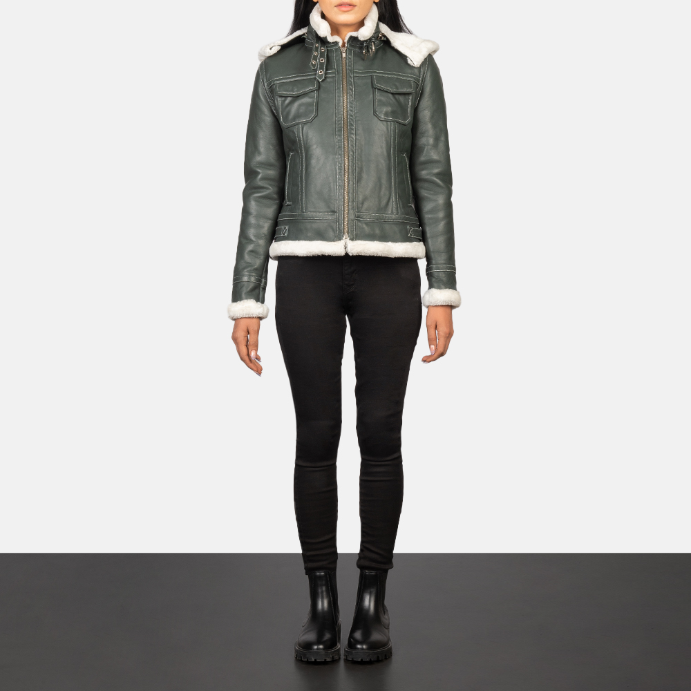 Fiona Green Hooded Shearling Leather Jacket – Unmatched Elegance and Comfort
