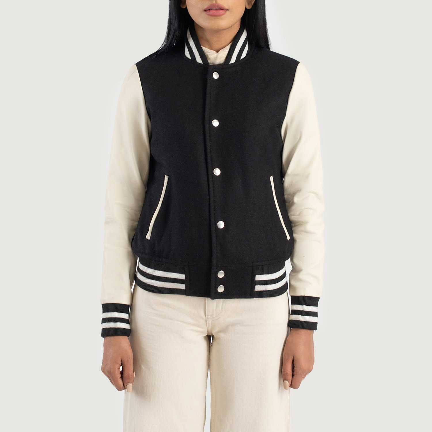 Women's+Savant+Black+&+White+Hybrid+Varsity+Jacket+Close+Front-5-1686936247675