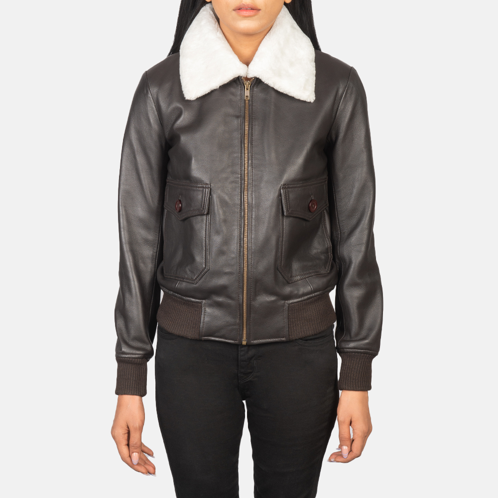 Women's+Stella+G-1+Brown+Leather+Bomber+Jacket+Close+Front-5-1652194504994