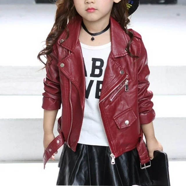 Lovskoo Notch Collar Faux Leather Jacket For Girl