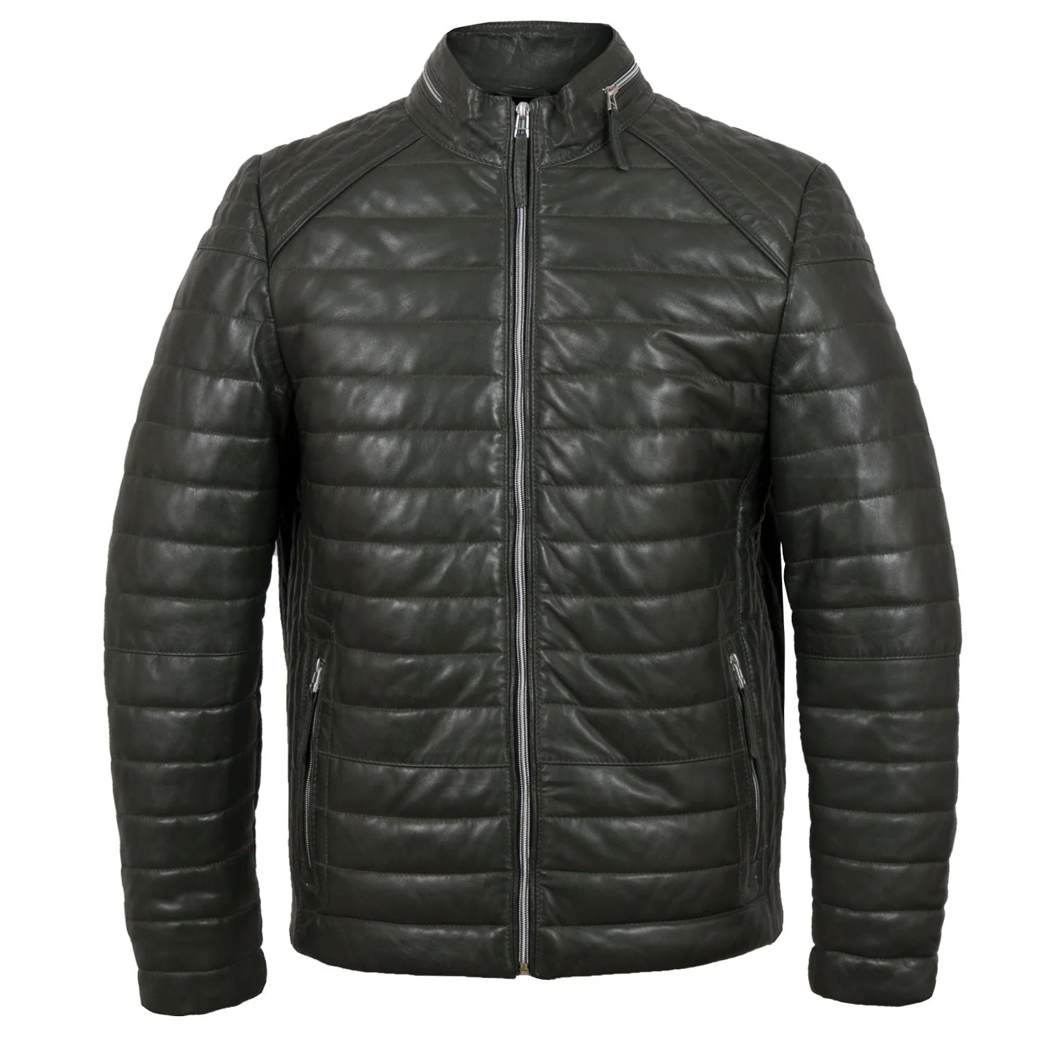 ROMAN MEN'S OLIVE PUFFER LEATHER JACKET