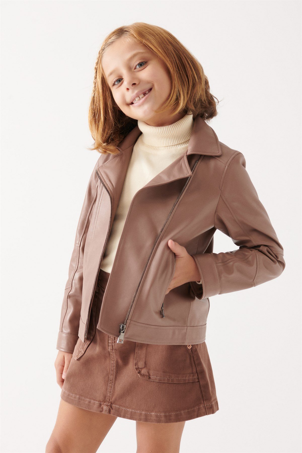 VILMA Girls Brown Leather Jacket