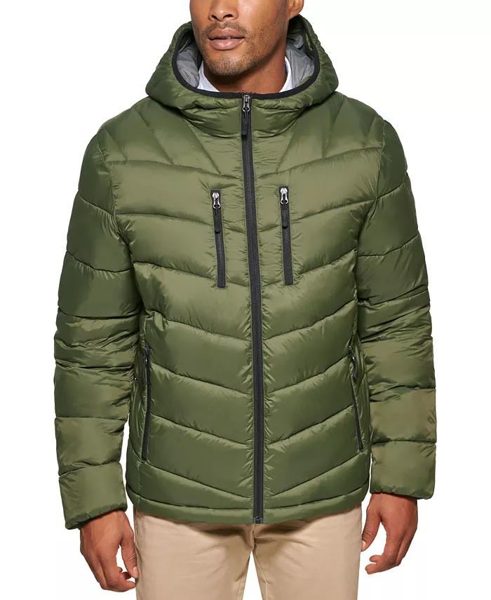 Men?s Chevron Quilted Hooded Puffer Jacket