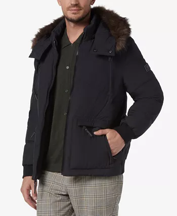 Men's Down Bomber with Faux Fur Trim and Removable Hood
