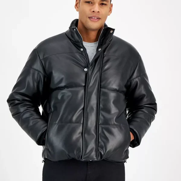 Men's Quilted Faux-Leather Puffer Jacket