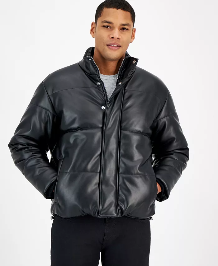 Men's Quilted Faux-Leather Puffer Jacket