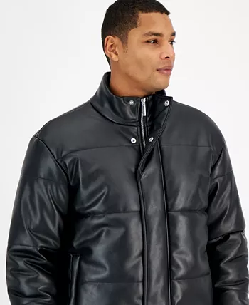 Men's Quilted Faux-Leather Puffer Jacket