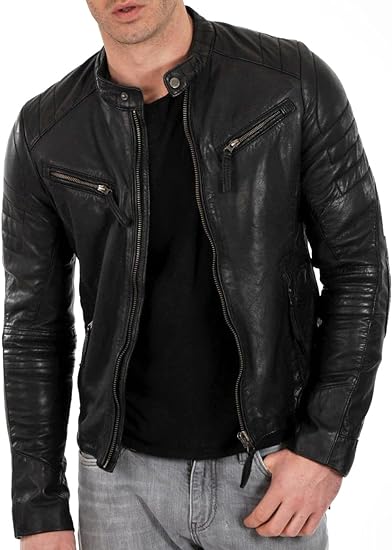 Black Genuine Lambskin Leather Biker Jacket For Men 6