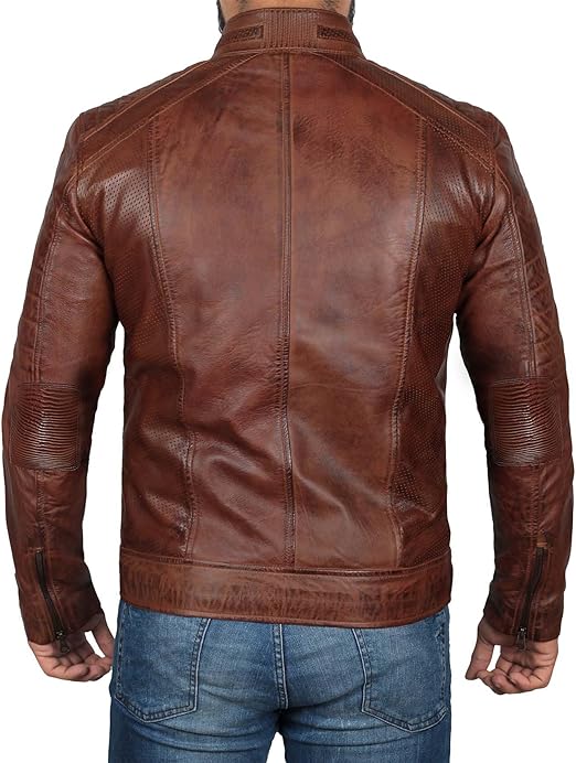 Mens Cafe Racer Real Lambskin Distressed Brown Leather Jacket