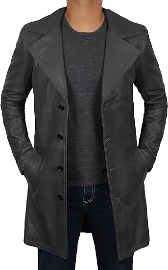 Real Lambskin Leather Black Trench Coat For Men