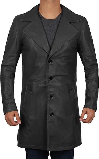 Real Lambskin Leather Black Trench Coat For Men