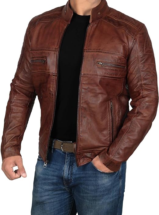 Mens Cafe Racer Real Lambskin Distressed Brown Leather Jacket