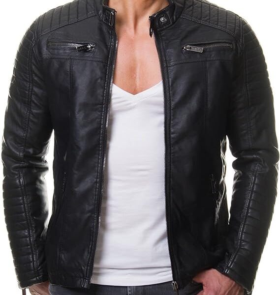 Black Lambskin Leather Motorcycle Jacket For Men