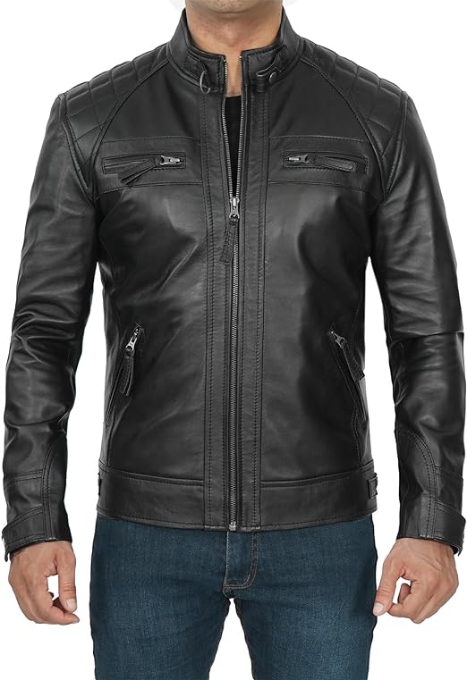 Cafe Racer Distressed Black Real Lambskin Leather Biker Jacket 3