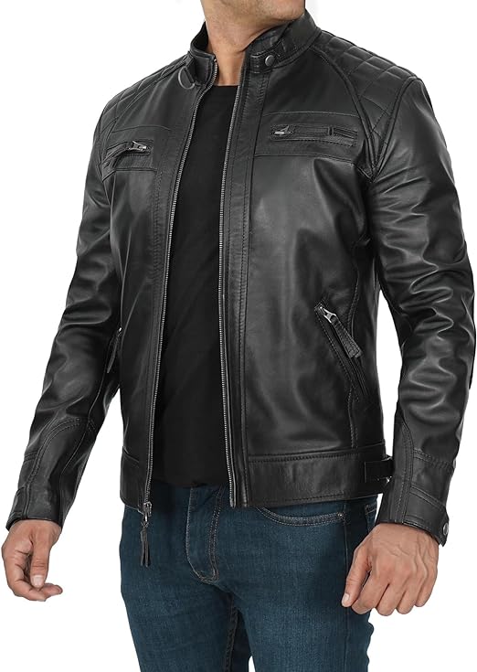Cafe Racer Distressed Black Real Lambskin Leather Biker Jacket 3