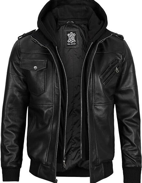 Bomber Leather Jacket For Men With Removable Hood