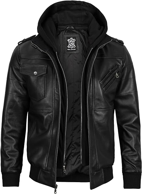 Bomber Leather Jacket For Men With Removable Hood