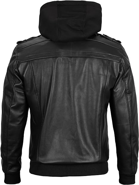 Bomber Leather Jacket For Men With Removable Hood