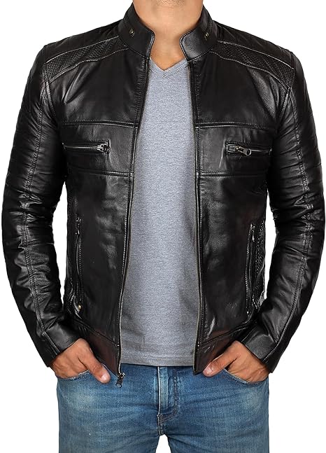 Mens Casual Black Leather Cafe Racer Jacket