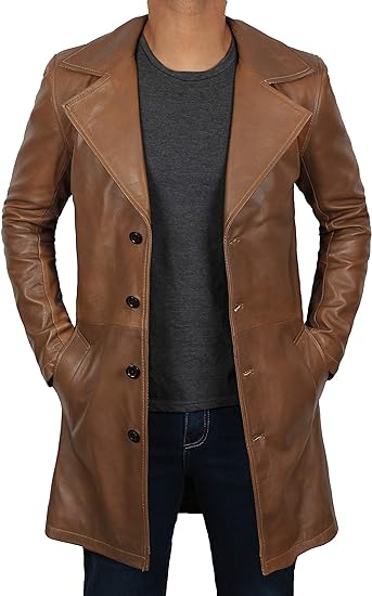 Real Lambskin Leather Brown Trench Coat For Men
