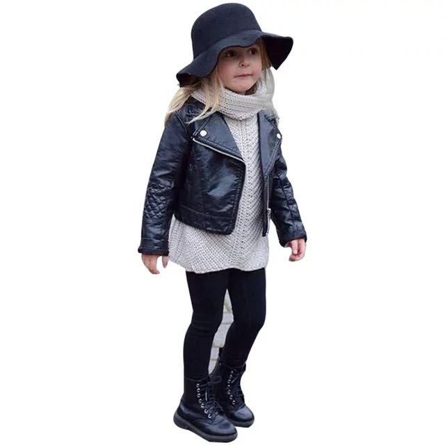 Black Faux Leather Notch Collar Jacket For Girl