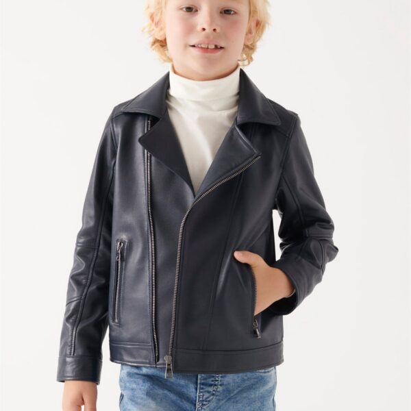 BARNY Boys Navy Blue Leather Jacket