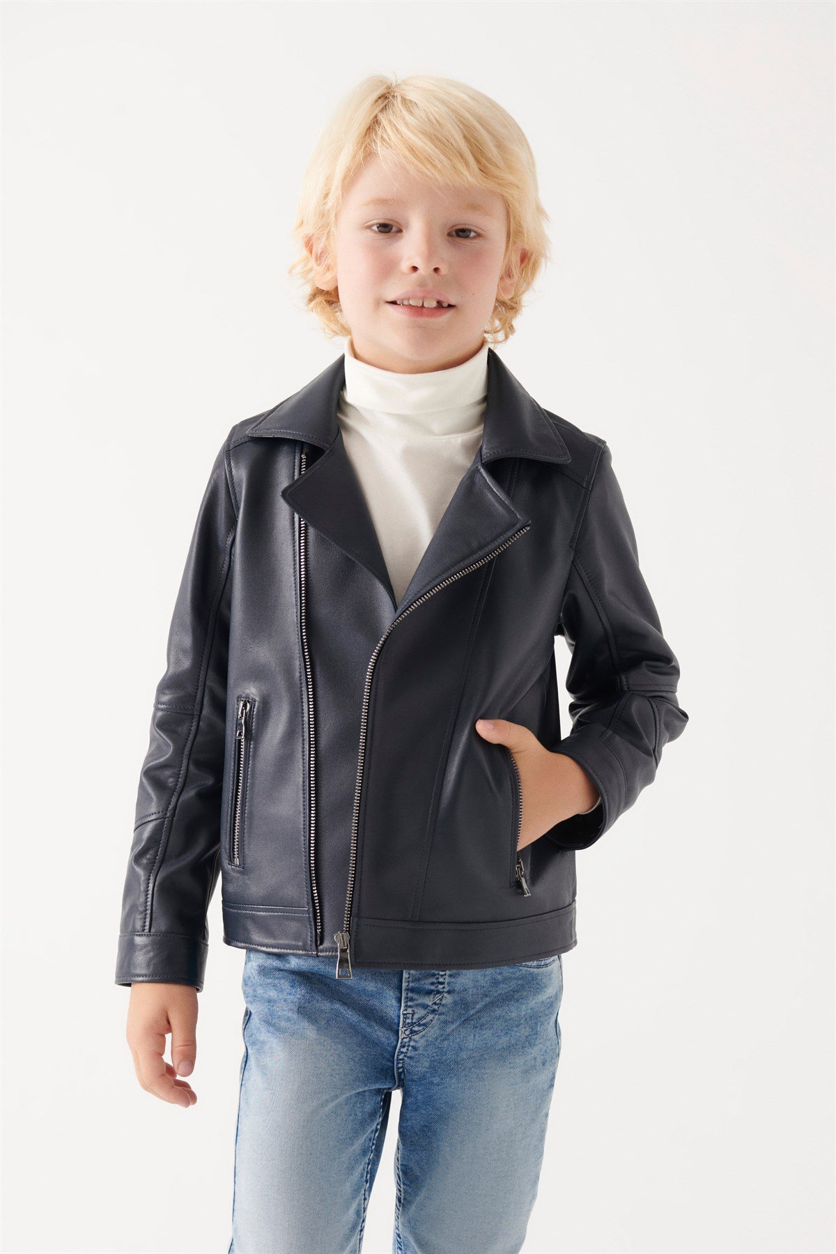 BARNY Boys Navy Blue Leather Jacket