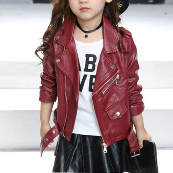 Lovskoo Notch Collar Faux Leather Jacket For Girl