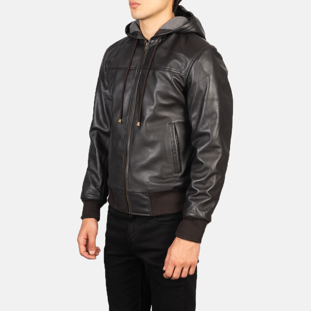 Nintenzo Black Hooded Leather Bomber Jacket