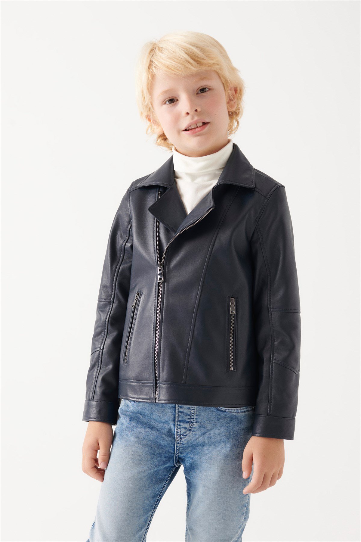 BARNY Boys Navy Blue Leather Jacket