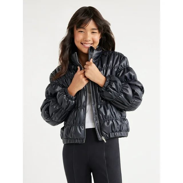 Scoop Girls Faux Leather Ruched Puffer Jacket, Sizes 4-18