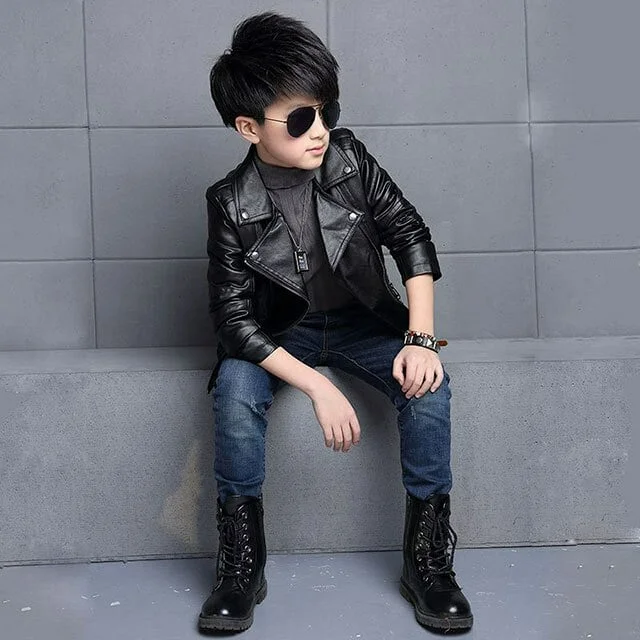 Black Pu Leather Casual Jacket For Boy