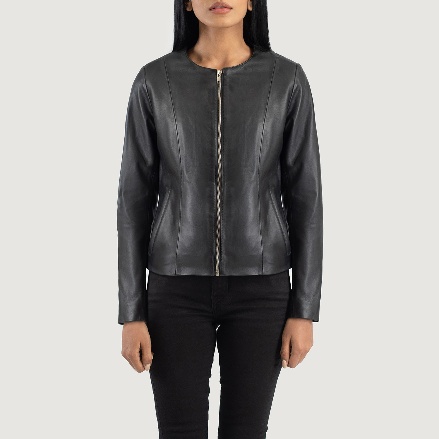 WomensElixirBlackCollarlessLeatherJacketCloseFront-5-1686933688782.jpg