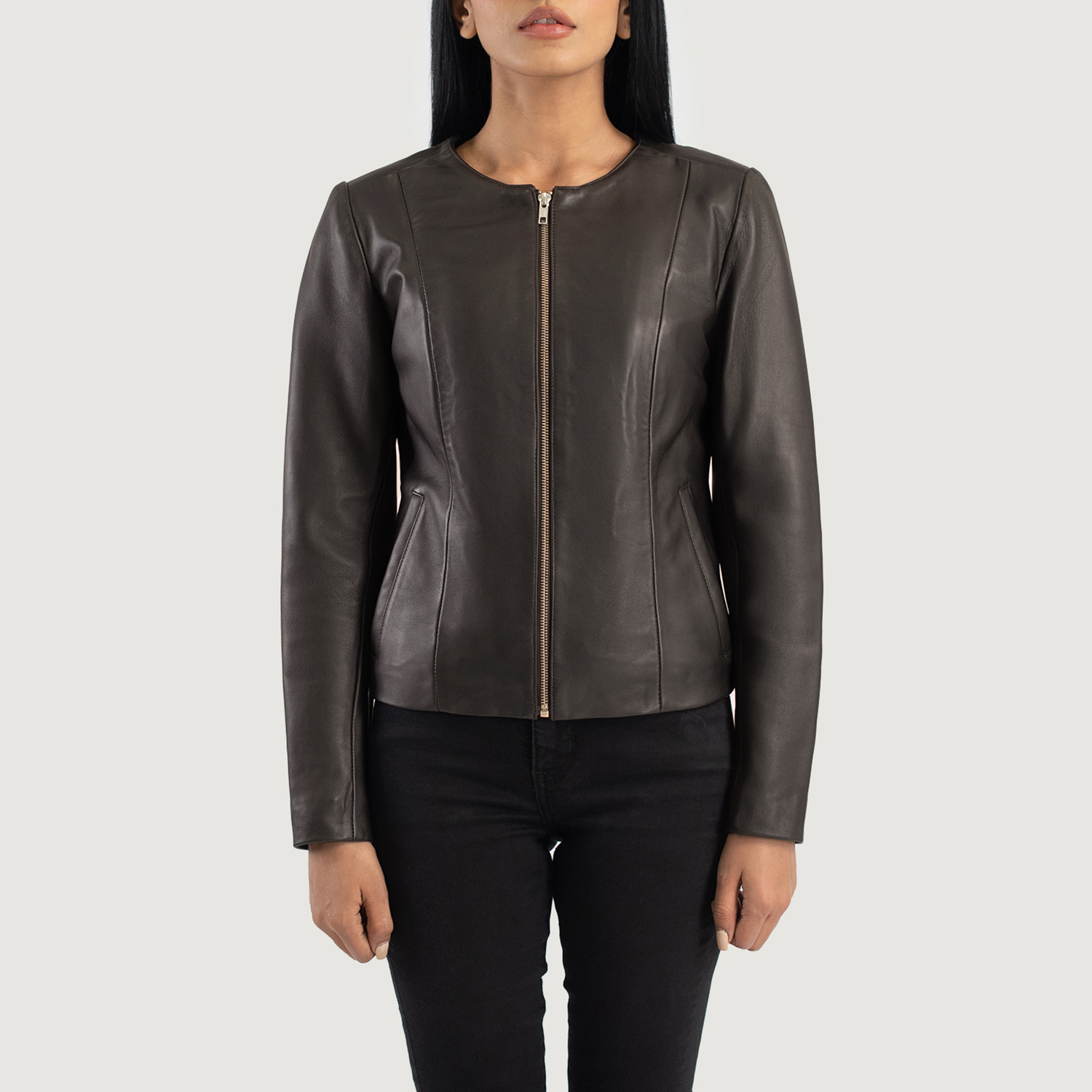 WomensElixirBrownCollarlessLeatherJacketCloseFront-5-1686934151965.jpg