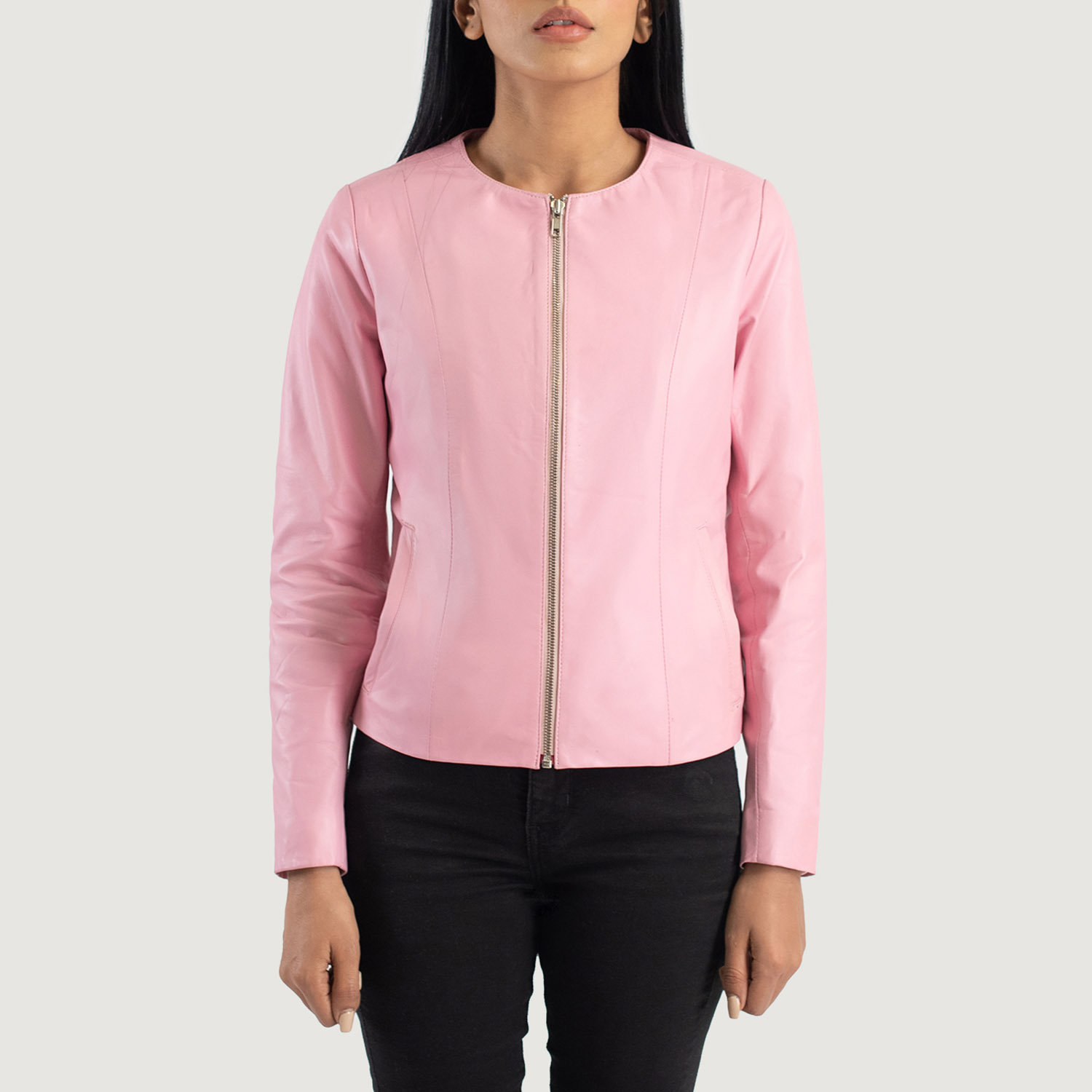 WomensElixirPinkCollarlessLeatherJacketCloseFront-5-1686934263366.jpg