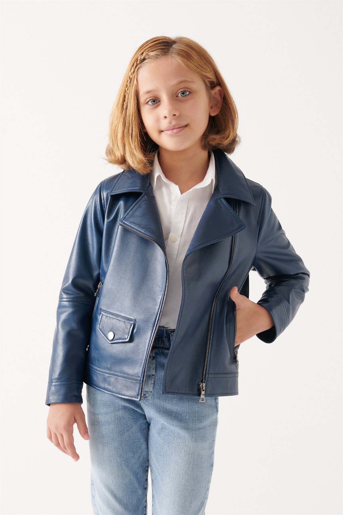 LARA Girls Navy Blue Leather Jacket