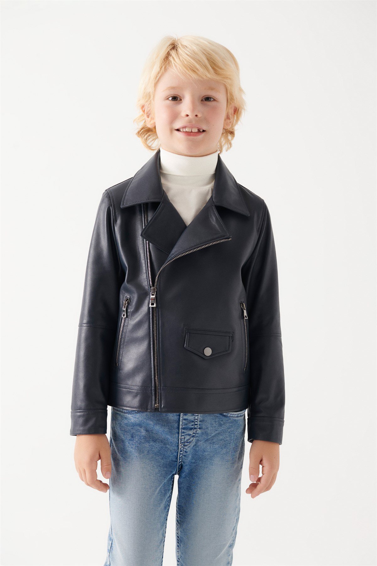 HUGO Boys Navy Blue Leather Jacket