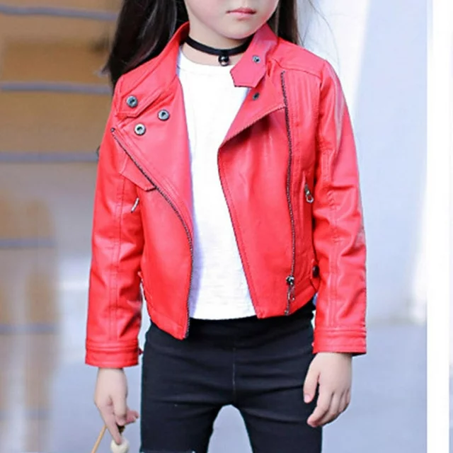 Red Faux Leather Notch Collar Jacket For Girl