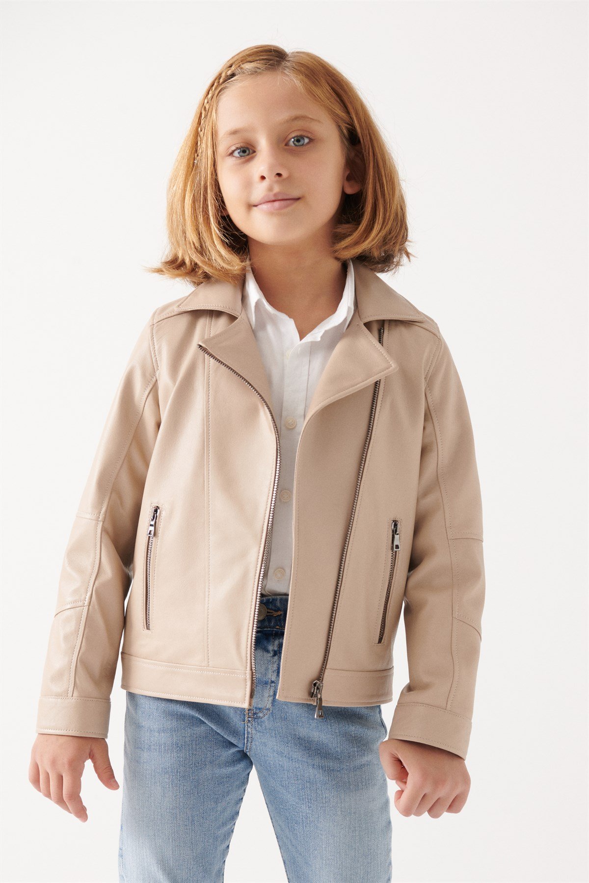 VILMA Girls Beige Leather Jacket