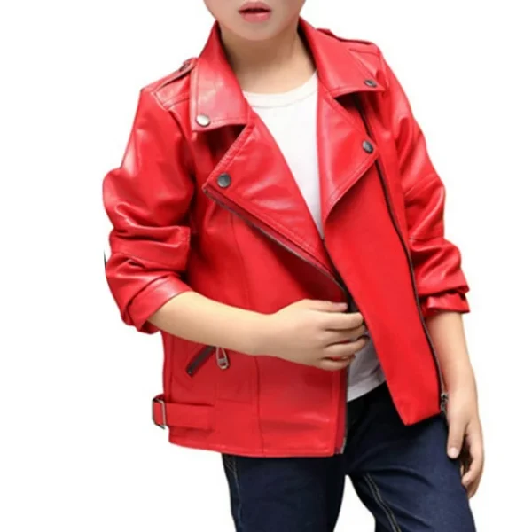 Red Faux Leather Notch Collar Jacket For Kids
