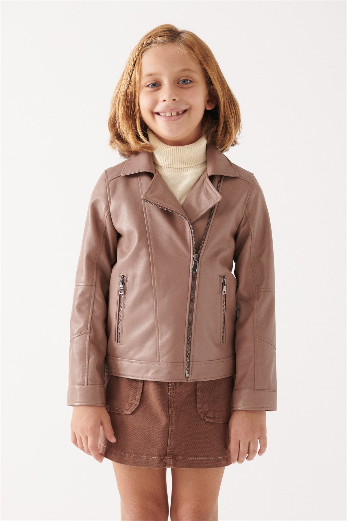 VILMA Girls Brown Leather Jacket
