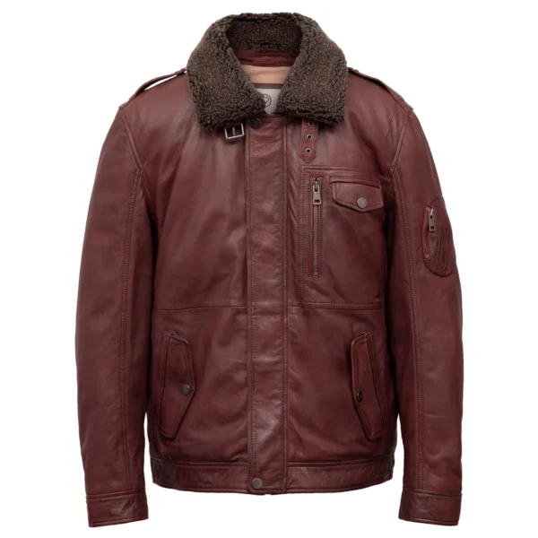 Archer Men?s Burgundy Collared Leather Jacket