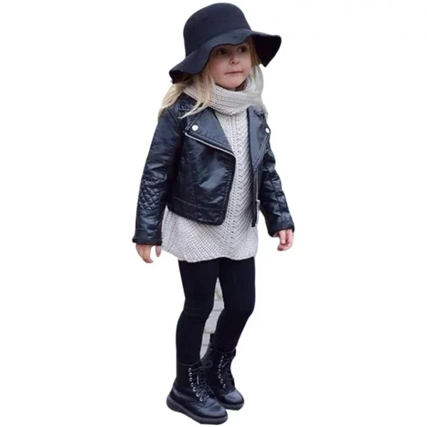 Black Faux Leather Notch Collar Jacket For Girl
