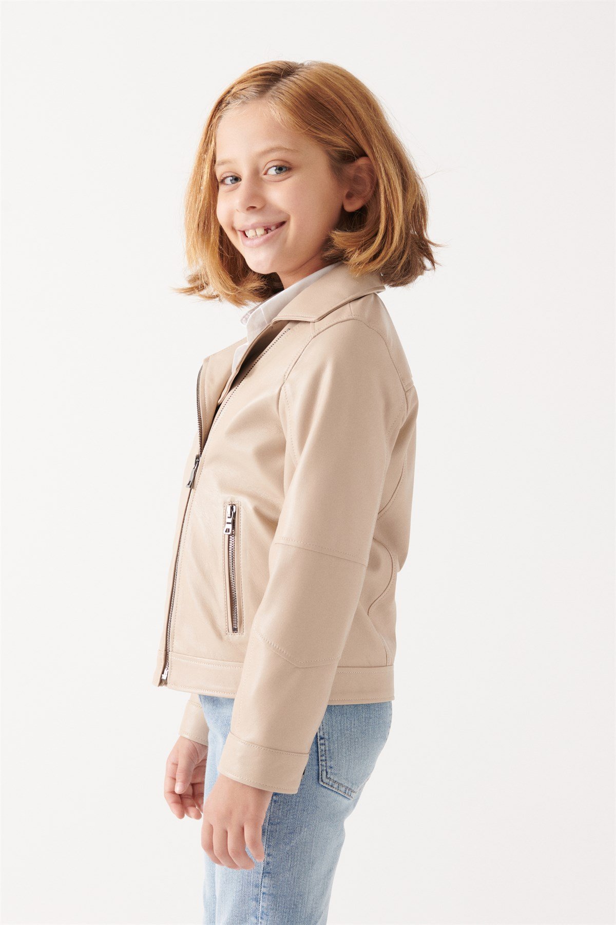 VILMA Girls Beige Leather Jacket