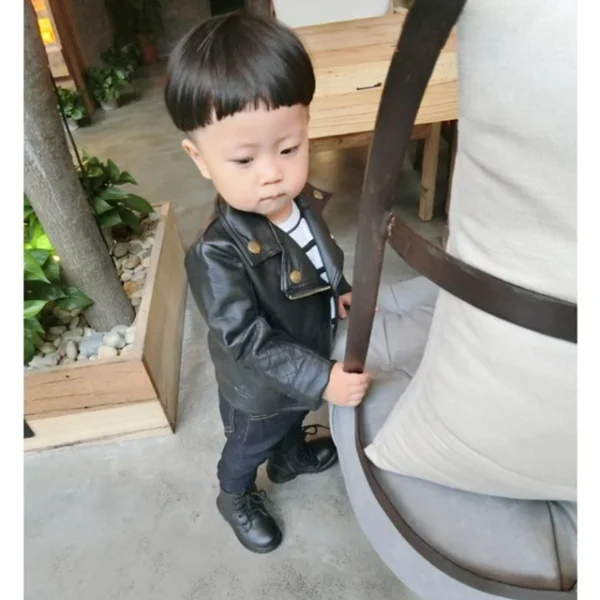 Black Faux Leather Notch Collar Jacket For Boy