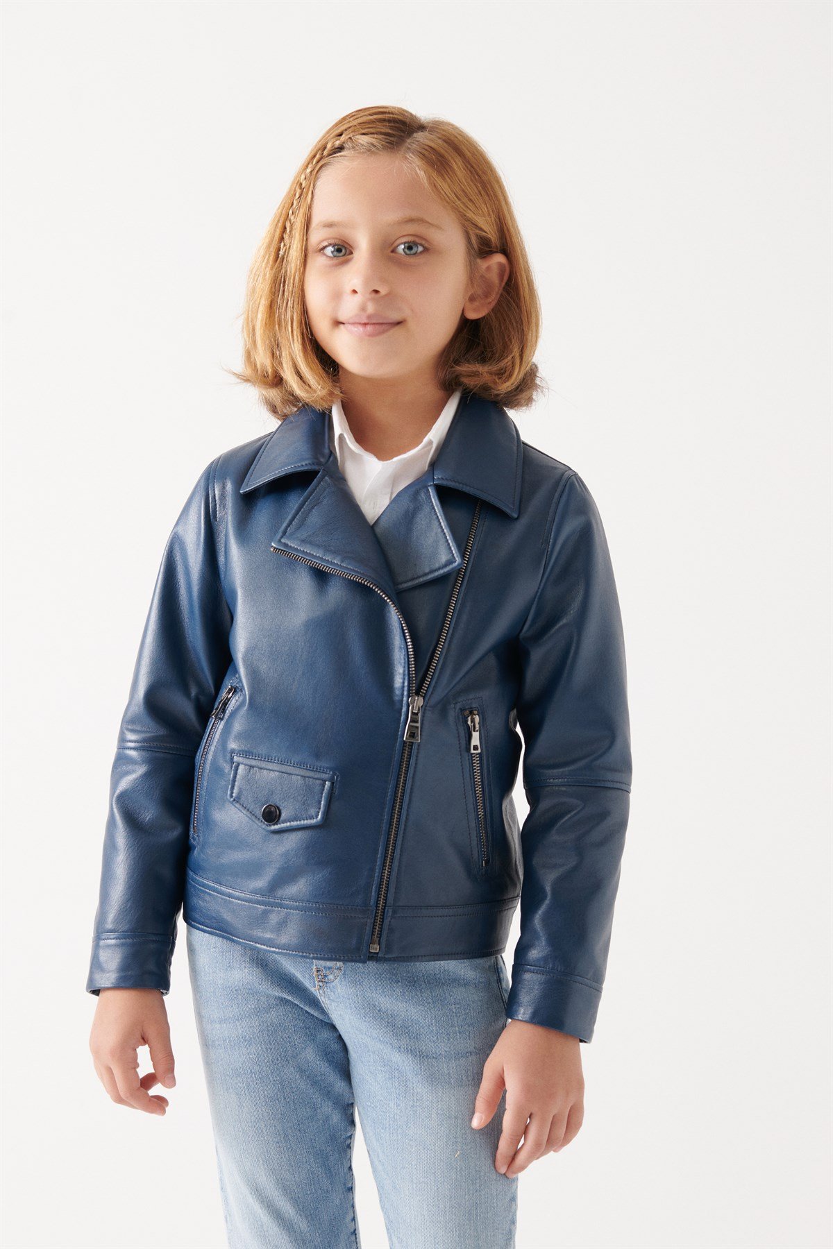 LARA Girls Navy Blue Leather Jacket